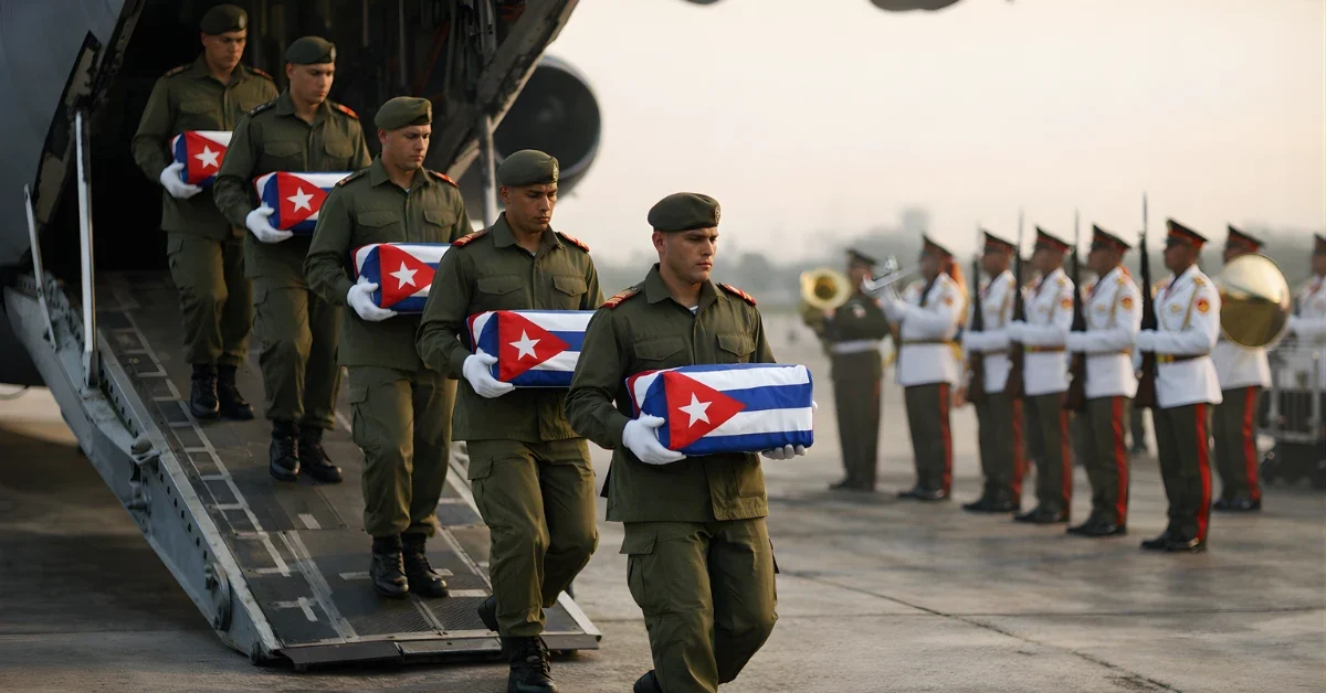Cuban soldiers carry flag-draped boxes down an aircraft ramp during a solemn ceremony at an airport.