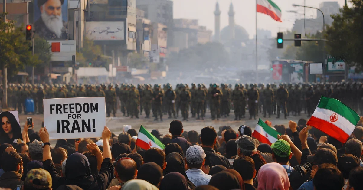 A wide street scene showing a large crowd gathered for a protest with security forces visible in the distance in an urban area.