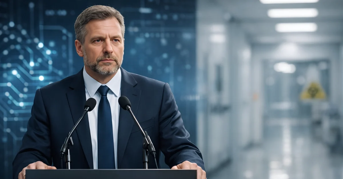 A news-style image of a tech leader speaking at a podium with an AI-themed background and a subtle biosecurity laboratory setting in the distance.