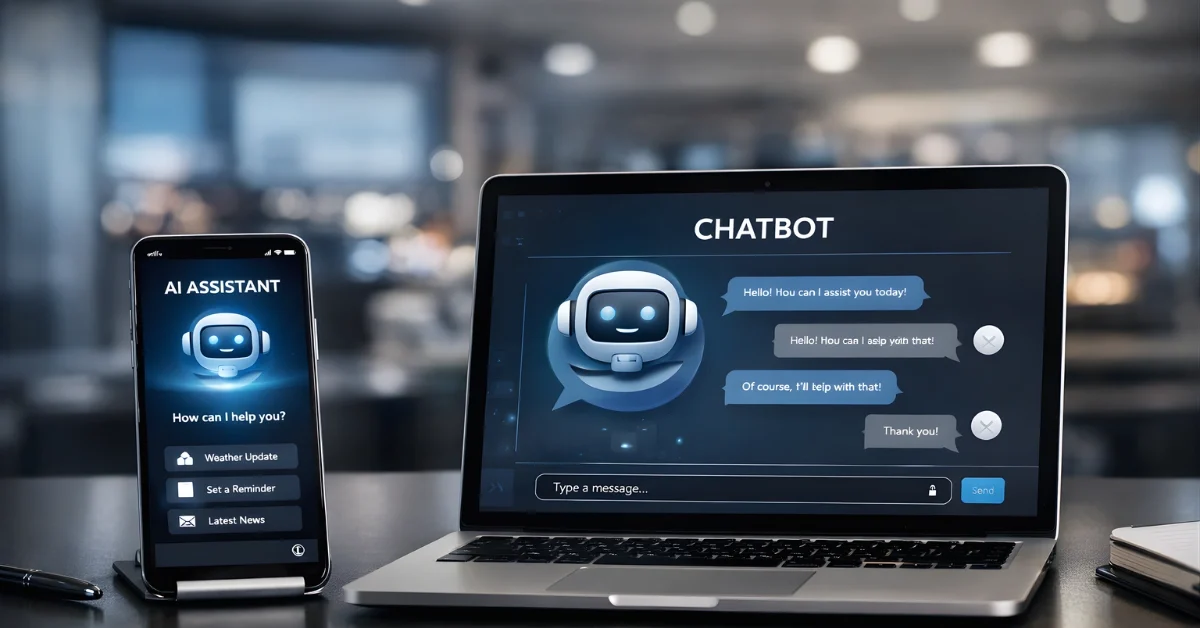 A smartphone and laptop on a desk showing generic AI assistant and chatbot screens in a newsroom-style setting.