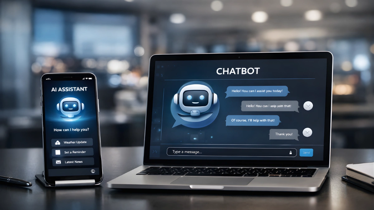 A smartphone and laptop on a desk showing generic AI assistant and chatbot screens in a newsroom-style setting.