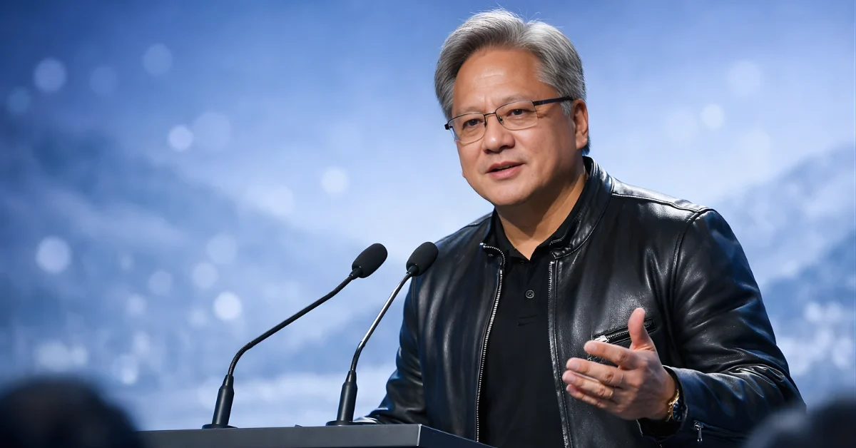Jensen Huang speaking on a panel stage at a conference, viewed from the audience in a news-style wide frame.