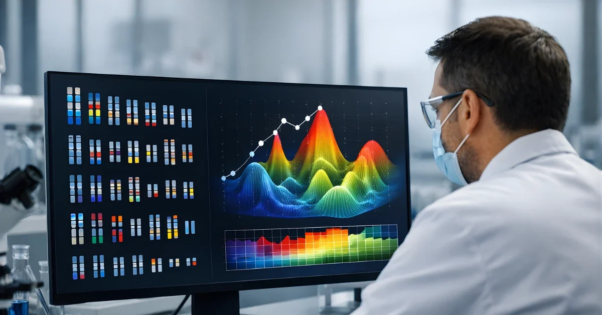 A scientist in a lab looks at a computer screen showing abstract chromosome and data-mapping graphics in a modern research laboratory.