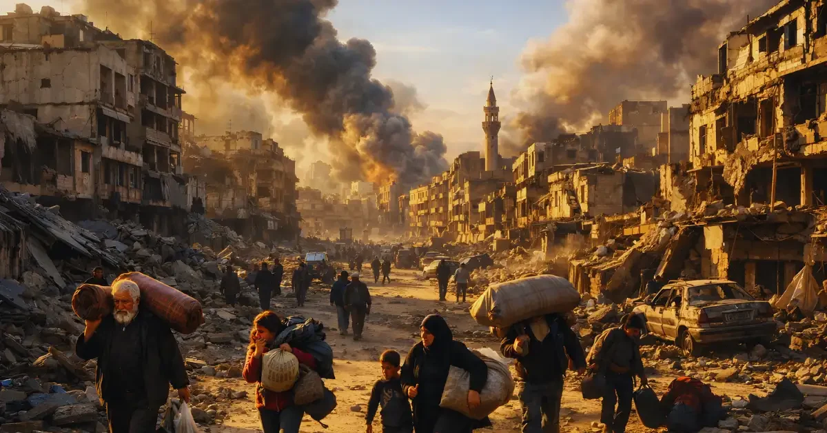 Civilians with bags fleeing through smoke-filled streets in Aleppo with damaged buildings in background, capturing the impact of recent clashes.