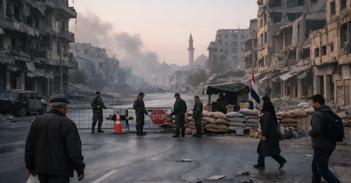 Wide dawn street view in Aleppo with light smoke in the distance, damaged buildings, and a security checkpoint as civilians move nearby.