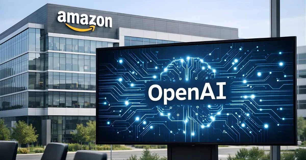 A wide, realistic business-news style image of an Amazon office exterior with a foreground screen showing AI-themed graphics and the word OpenAI.