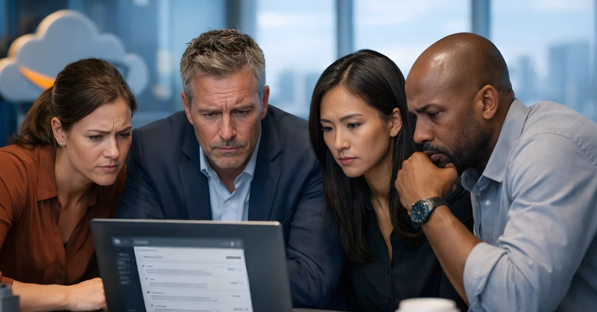 Employees in a modern office look at a laptop showing an email screen, reflecting concern after an internal company message.