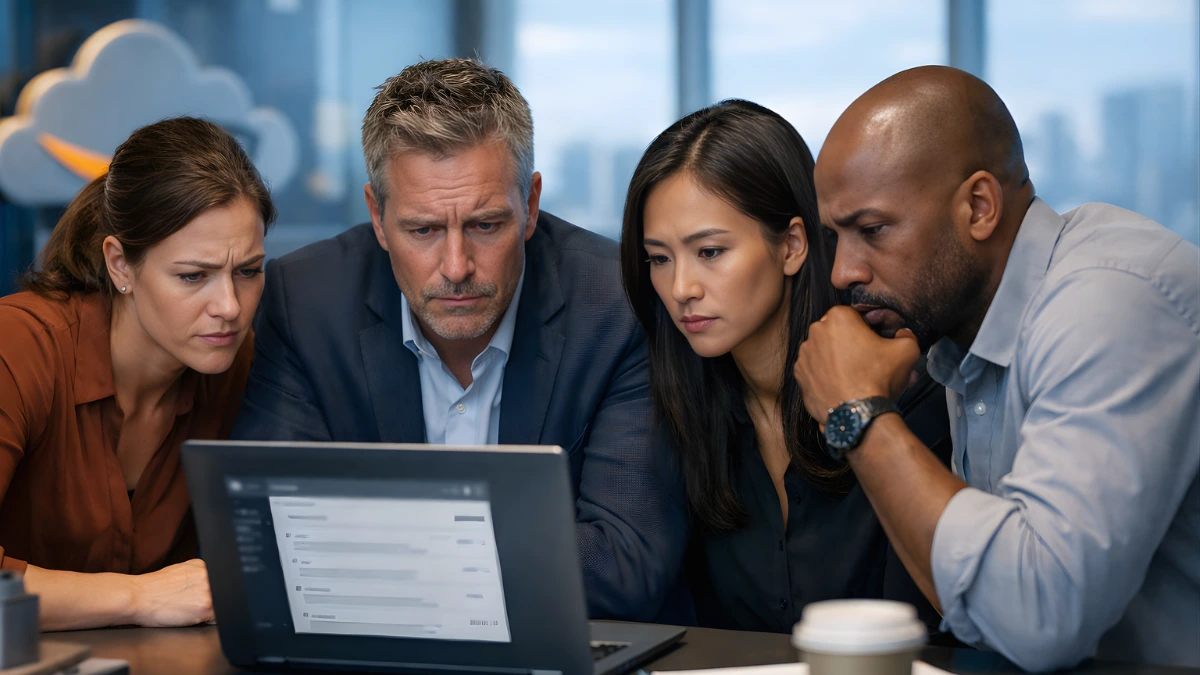 Employees in a modern office look at a laptop showing an email screen, reflecting concern after an internal company message.