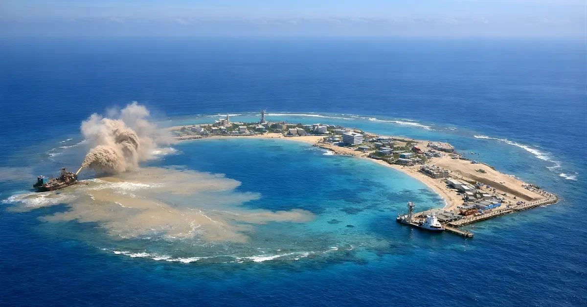 A wide aerial view of a reef in the South China Sea showing dredging activity and sand plumes near a shallow lagoon and nearby structures.