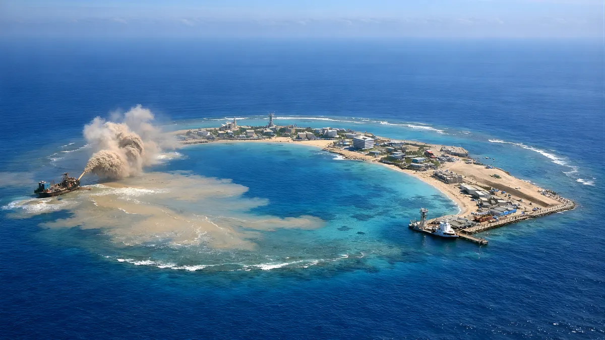 A wide aerial view of a reef in the South China Sea showing dredging activity and sand plumes near a shallow lagoon and nearby structures.