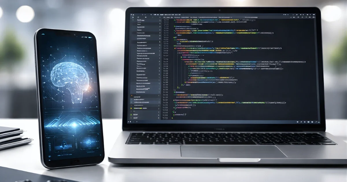A smartphone and laptop on a desk with a code editor on the laptop and an AI-style interface on the phone, photographed with blurred conference lights in the background.