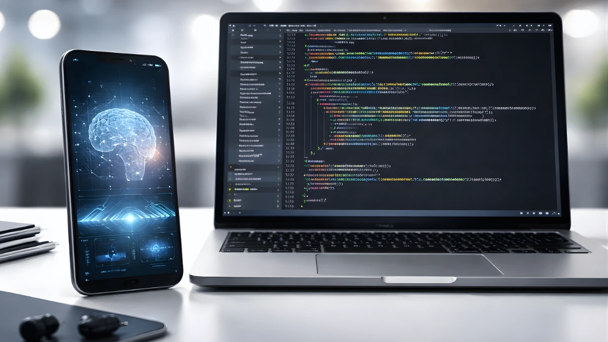 A smartphone and laptop on a desk with a code editor on the laptop and an AI-style interface on the phone, photographed with blurred conference lights in the background.