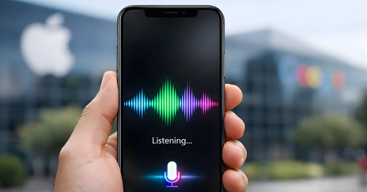 A smartphone displaying a voice assistant interface, with blurred corporate buildings in the background in a news-style composition.
