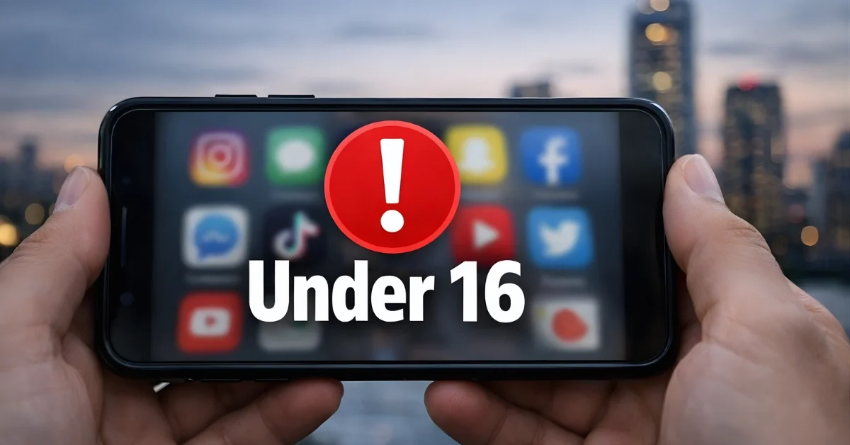 A smartphone displaying a blurred social media screen with an “Under 16” age warning overlay in a city setting.