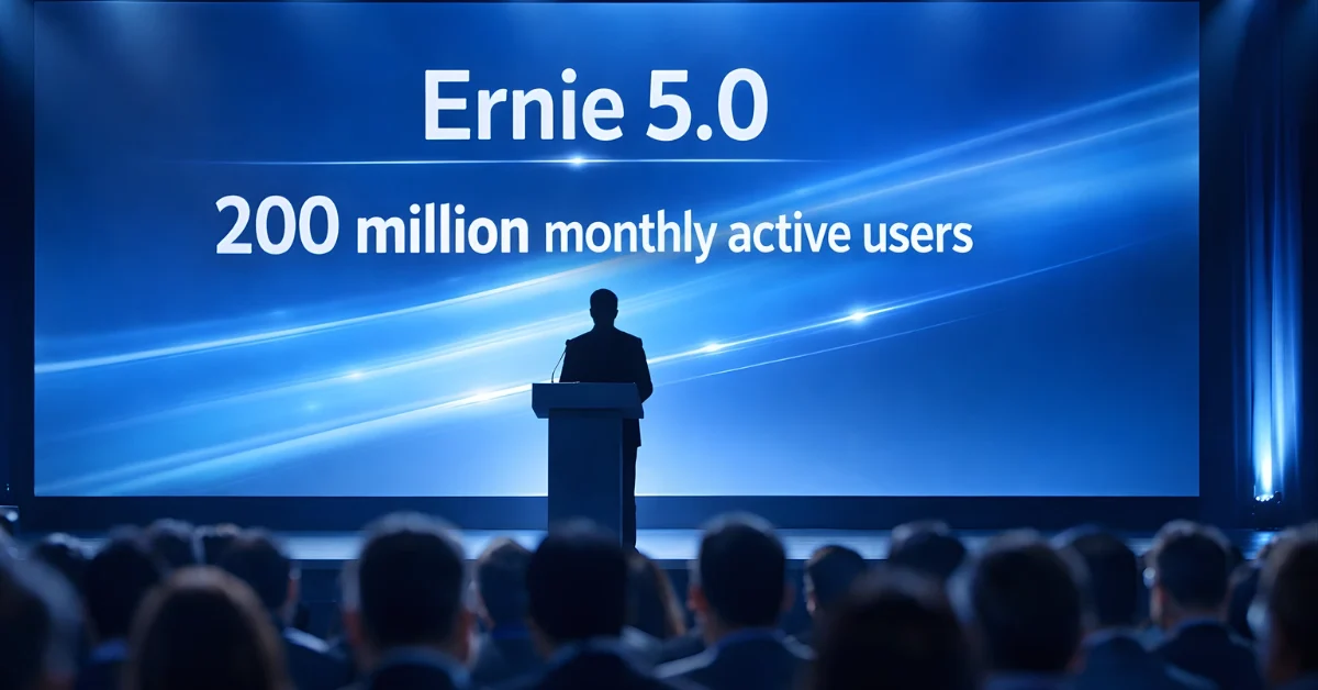 A wide shot of a tech press event stage with a large screen referencing Ernie 5.0 and a speaker at a podium, viewed over a blurred audience.