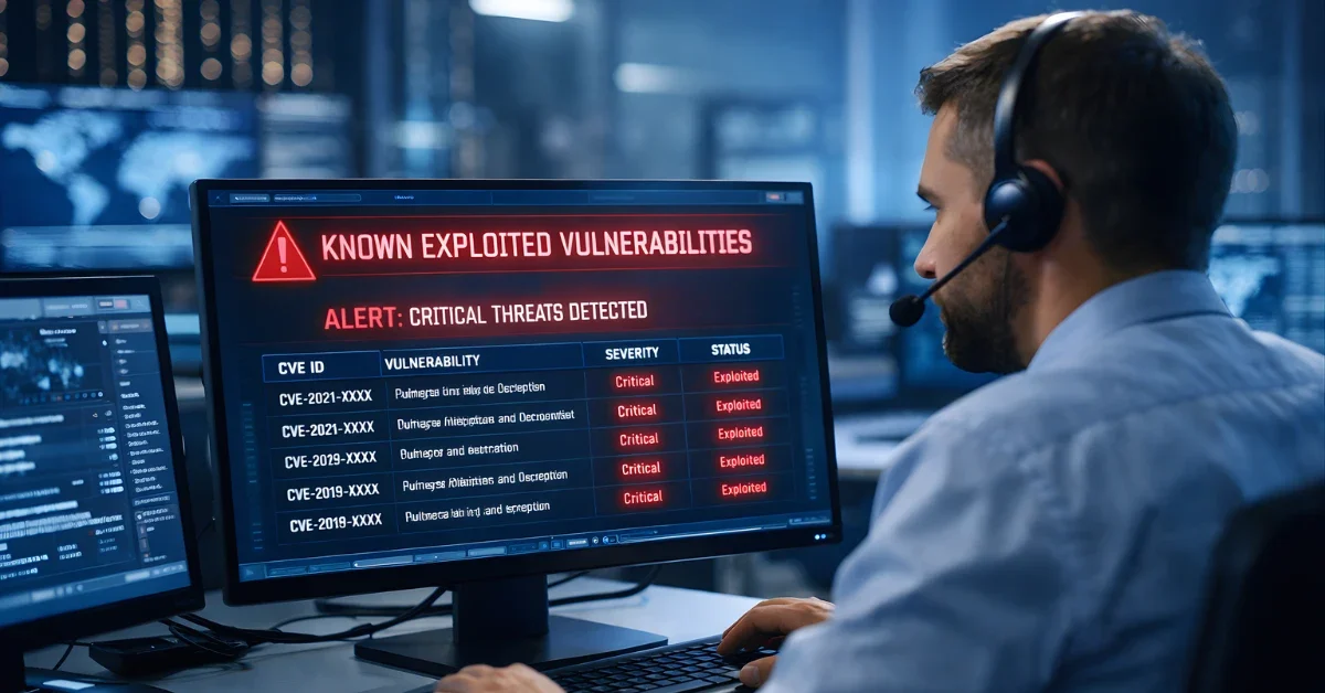 A cybersecurity analyst in a security operations center reviews a known exploited vulnerabilities alert on a computer monitor.