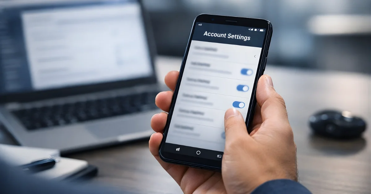 A person using an Android phone in an office setting, with account settings on screen and a blurred laptop in the background.