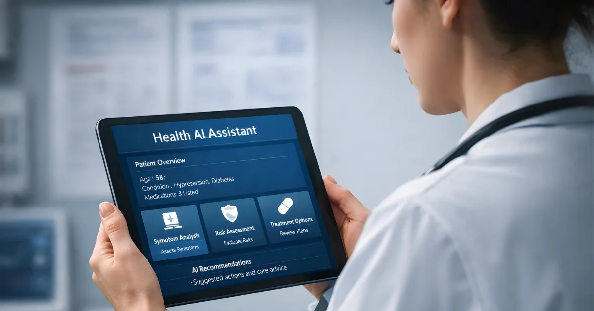 A clinician in a hospital setting looks at a tablet showing a health AI assistant interface, with blurred medical charts in the background.