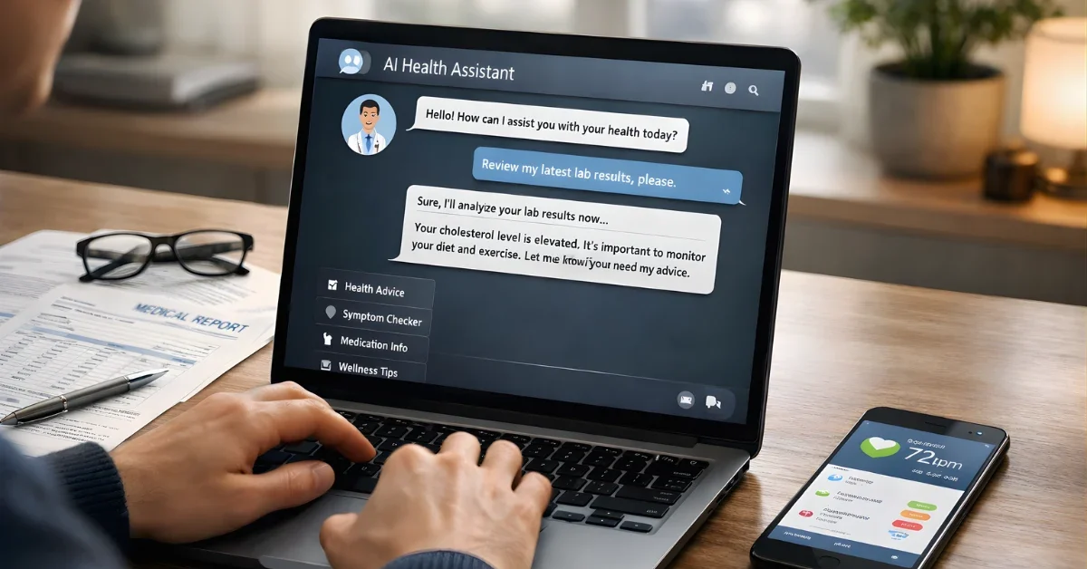 A person uses a laptop with a health chat interface on screen, with medical documents and a smartphone health app on a desk.
