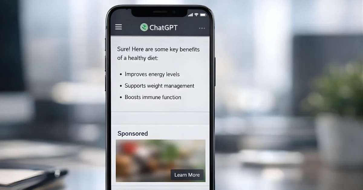 A smartphone displaying a ChatGPT-style chat screen with a clearly labeled sponsored ad section at the bottom in an office setting.