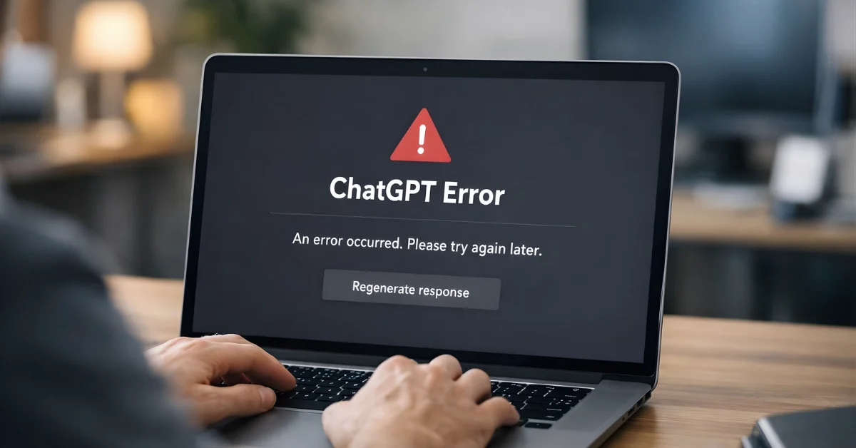 A person uses a laptop displaying an error message during a service disruption in a desk workspace setting.