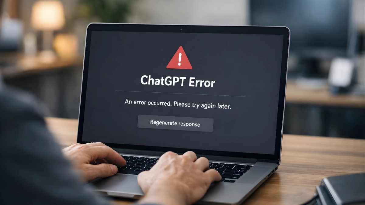 A person uses a laptop displaying an error message during a service disruption in a desk workspace setting.