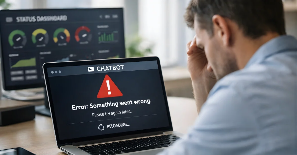A person at a desk looks at a laptop showing a chatbot error or loading screen, with a status dashboard visible on a monitor in the background.
