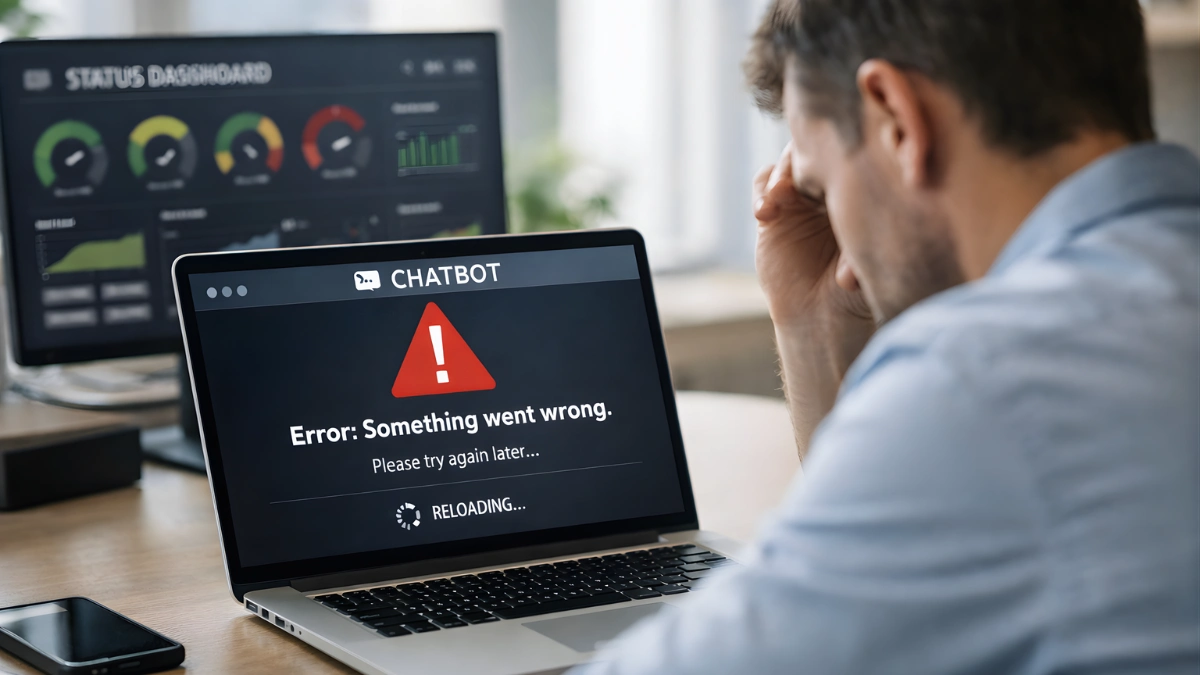 A person at a desk looks at a laptop showing a chatbot error or loading screen, with a status dashboard visible on a monitor in the background.