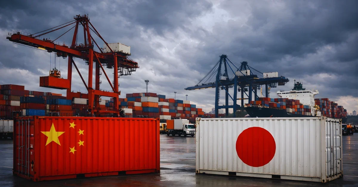 Cargo containers painted with Chinese and Japanese flags at a port, highlighting escalating export restrictions and trade tensions.
