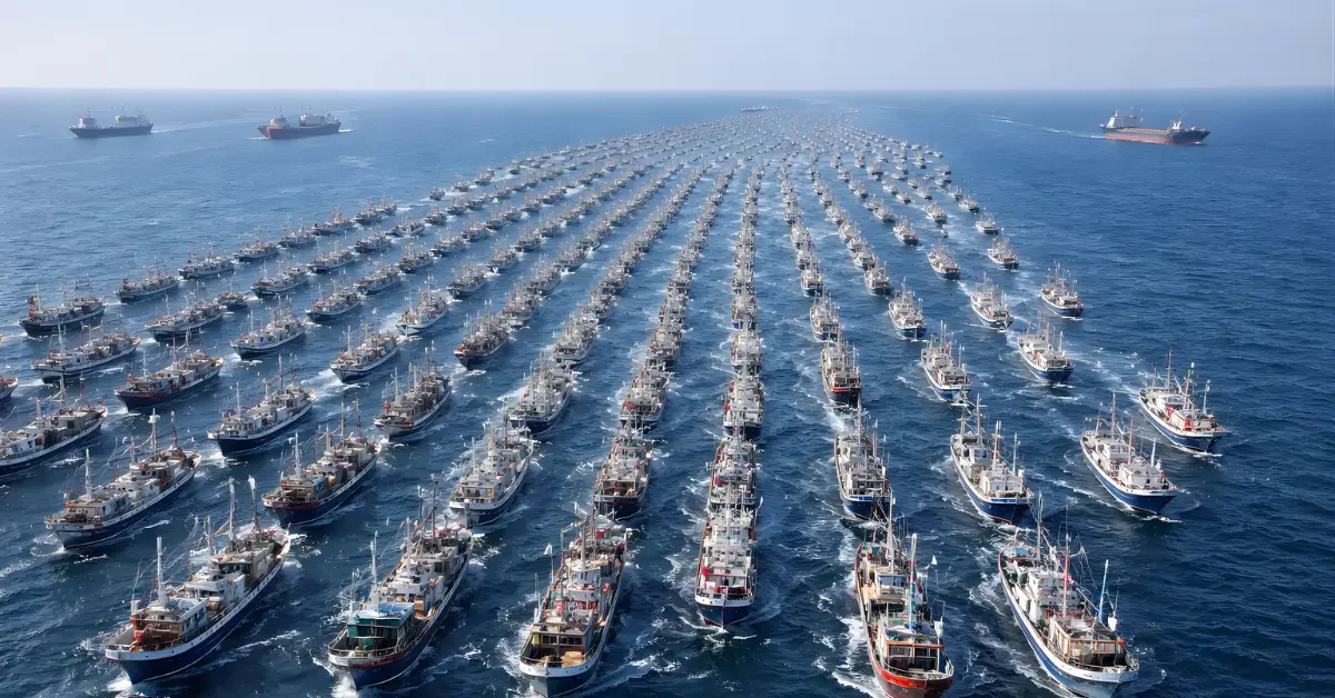 Aerial view of many fishing boats grouped in a tight formation on the open sea, with cargo ships in the distance.