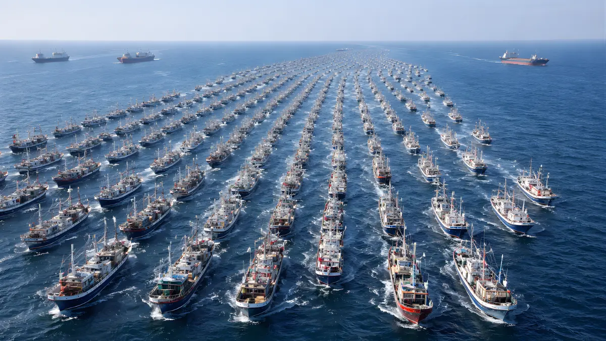 Aerial view of many fishing boats grouped in a tight formation on the open sea, with cargo ships in the distance.
