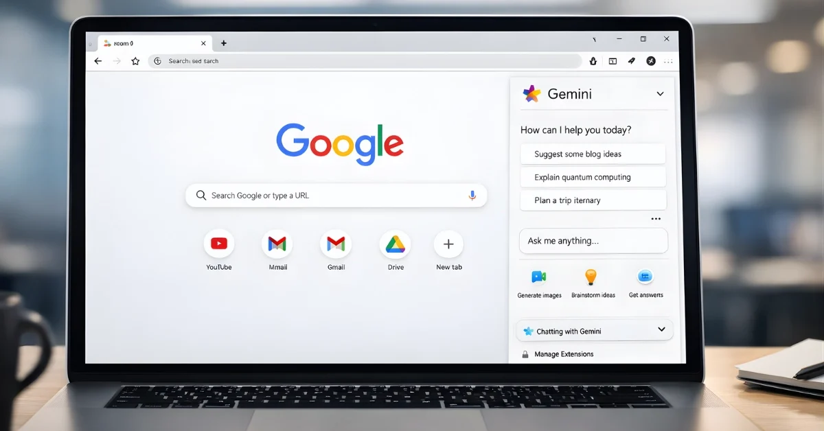 A laptop displaying the Chrome browser with a Gemini AI side panel open beside a webpage.