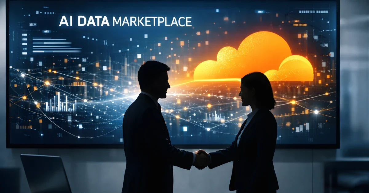 Two professionals shaking hands in a modern office with a large screen showing an abstract AI data marketplace interface in the background.