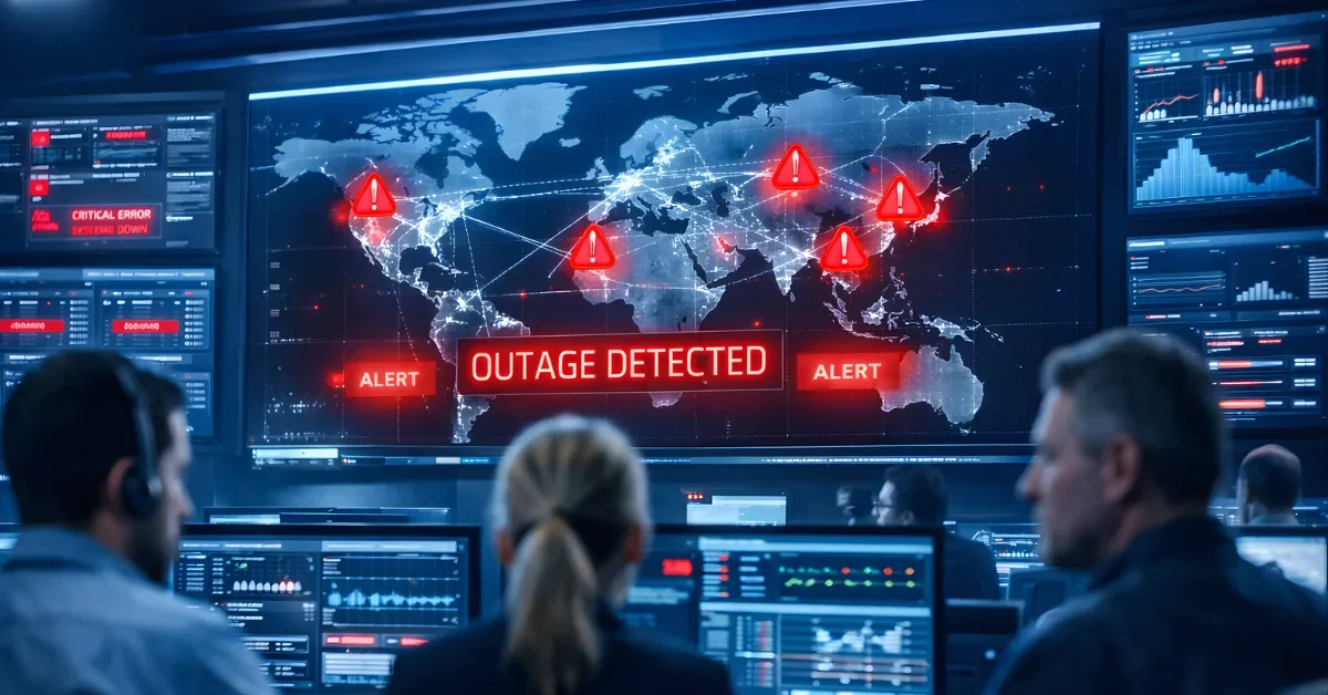 A network operations room with large monitors showing a global network map and outage alert warnings while engineers monitor system dashboards.