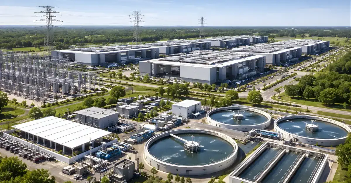 A wide, daylight view of a modern data center campus with nearby power infrastructure and water reuse facilities.