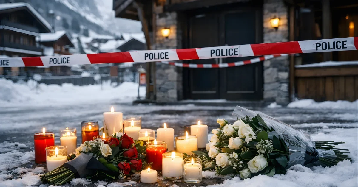Candles and flowers placed outside a closed bar entrance in a snowy Swiss Alpine town during a memorial observance.