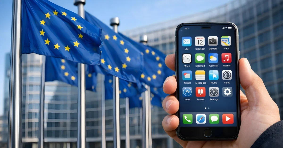 EU flags in front of a modern office building as a person holds a smartphone in the foreground.