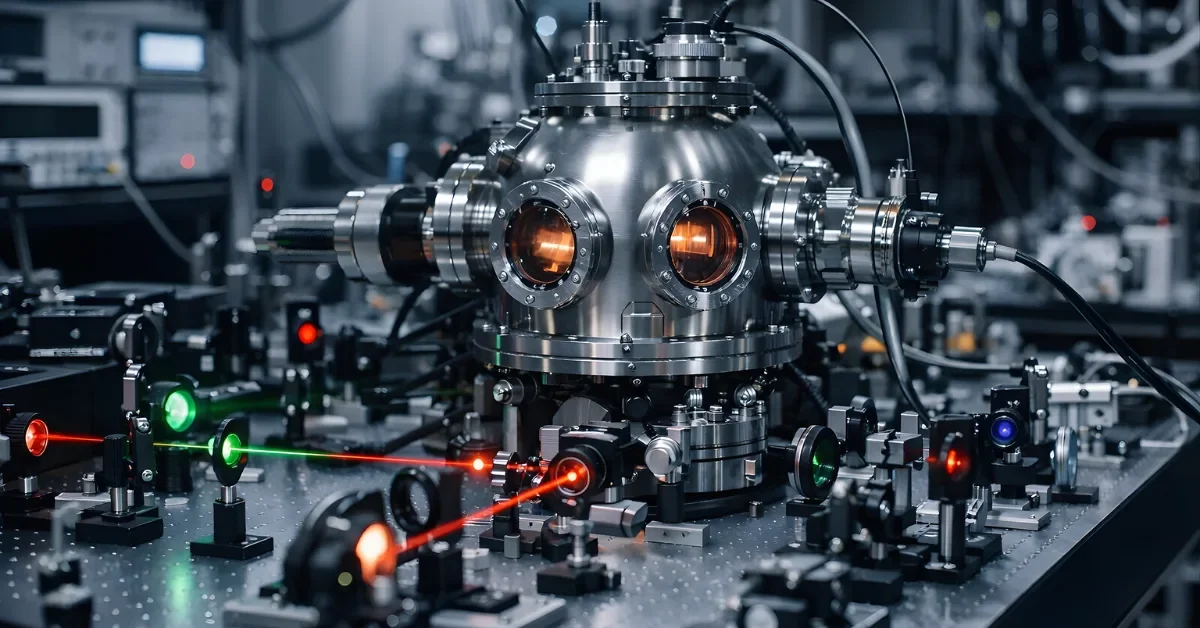 Wide view of a quantum physics lab bench with laser optics and a vacuum chamber used for cold-atom experiments.