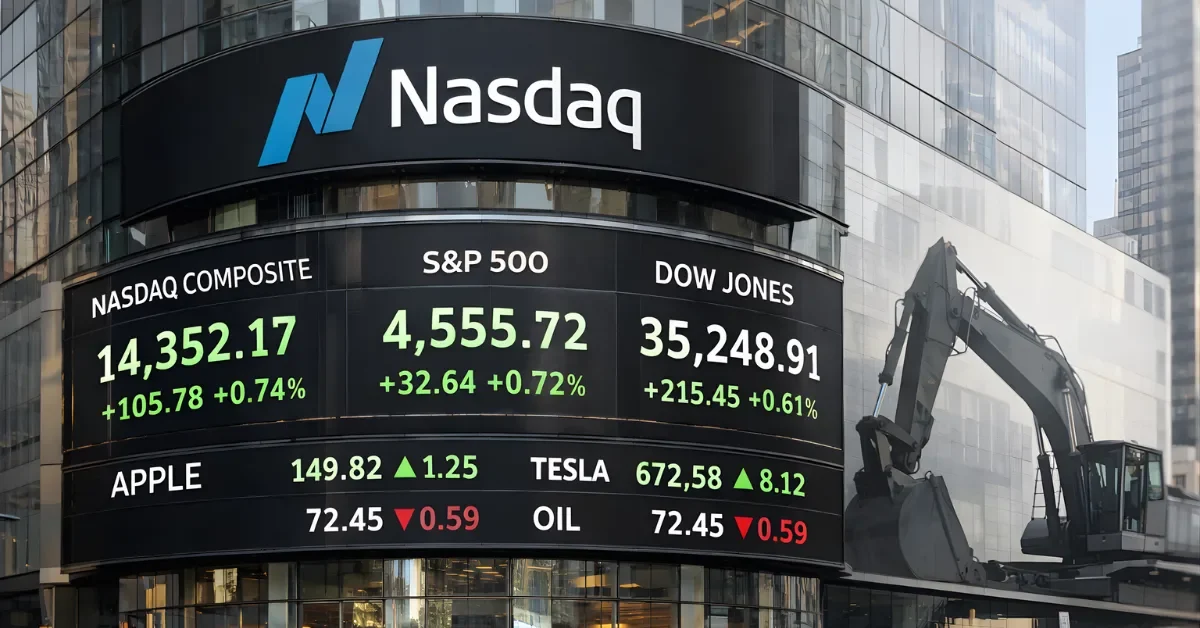 A wide, realistic view of the Nasdaq building and a digital stock display, with a subtle construction equipment silhouette in the background.