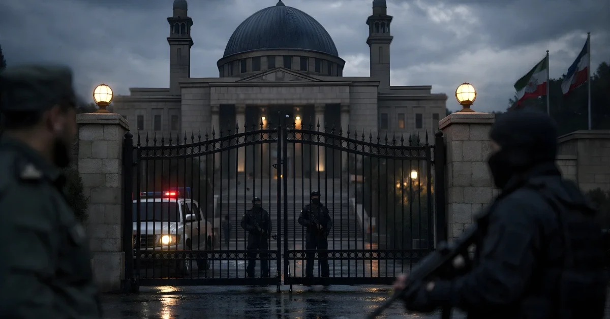 A wide view of a guarded courthouse entrance at dusk, with a closed gate and a tense, subdued atmosphere.