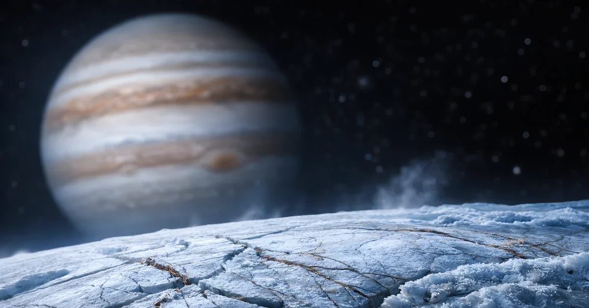 A wide view of Jupiter’s moon Europa showing its cracked icy surface with Jupiter in the background.