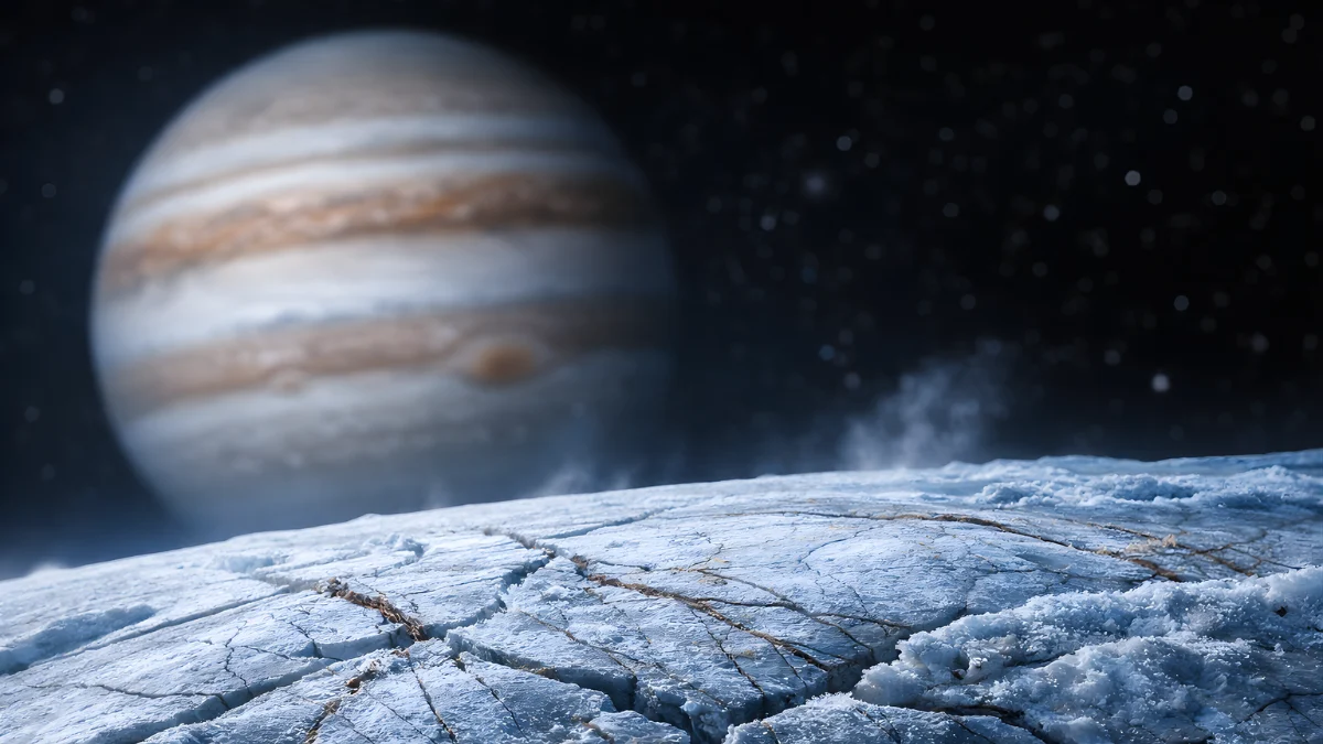 A wide view of Jupiter’s moon Europa showing its cracked icy surface with Jupiter in the background.