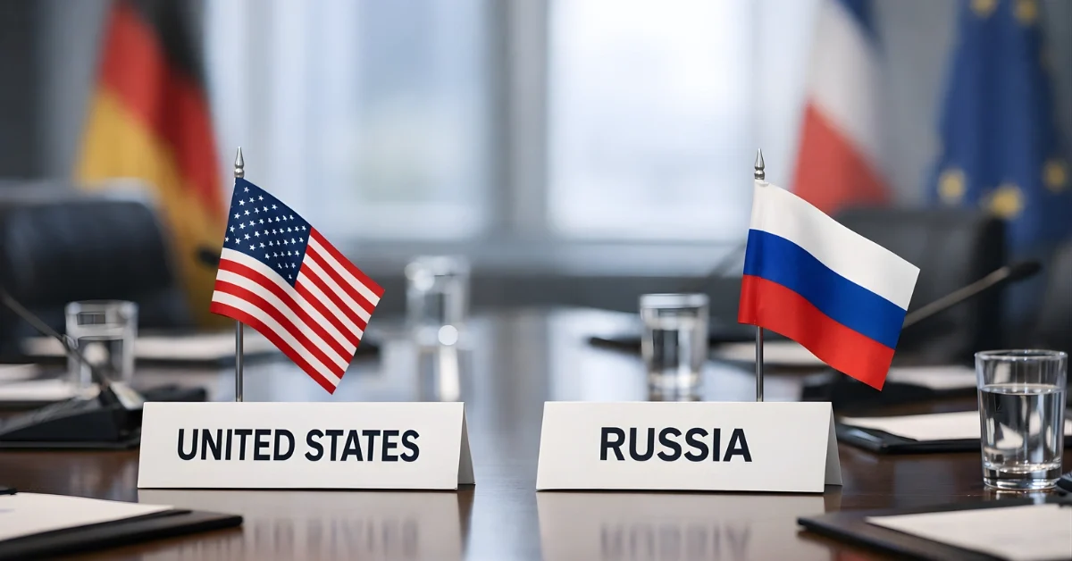 A wide shot of a formal conference table with small national flags and nameplates in a modern meeting room.
