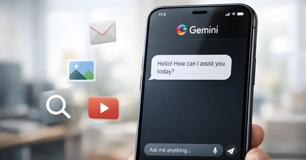 A smartphone displaying a Gemini chat screen in a neutral office setting, with app-style icons for email, photos, search, and video shown in the background.