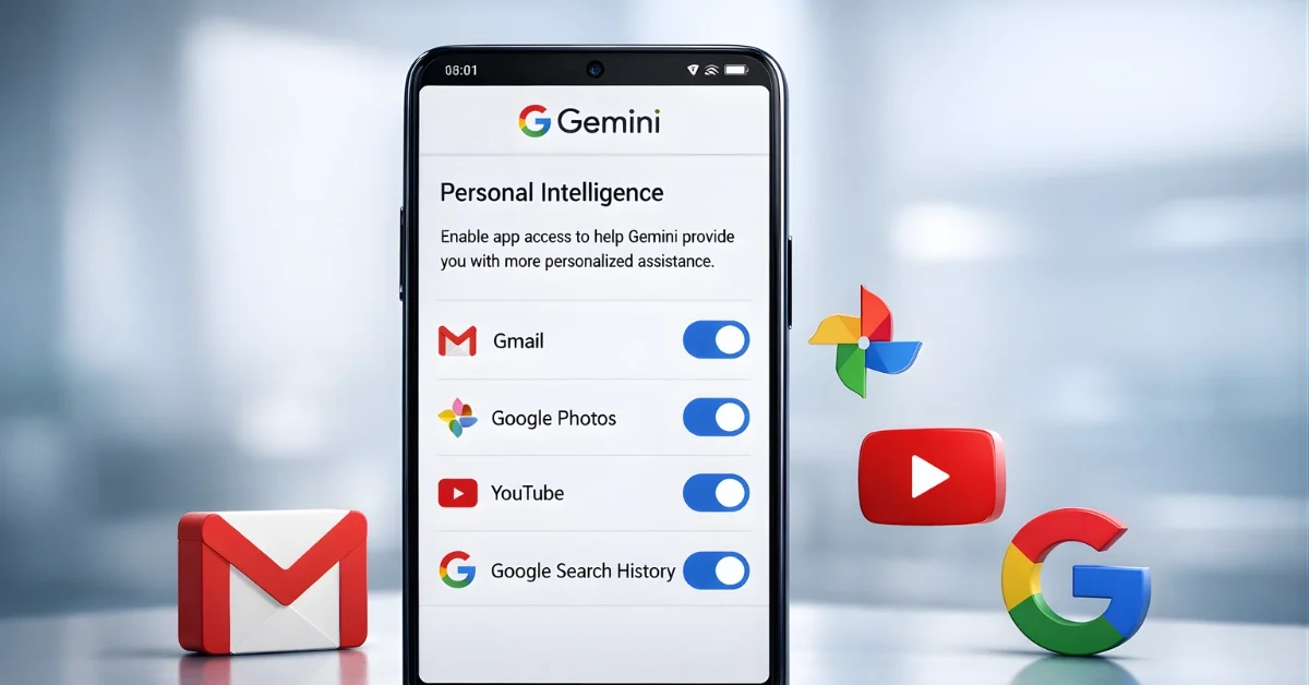 A smartphone screen showing Gemini's Personal Intelligence setting with connected Google app icons in a clean, studio-lit tech scene.