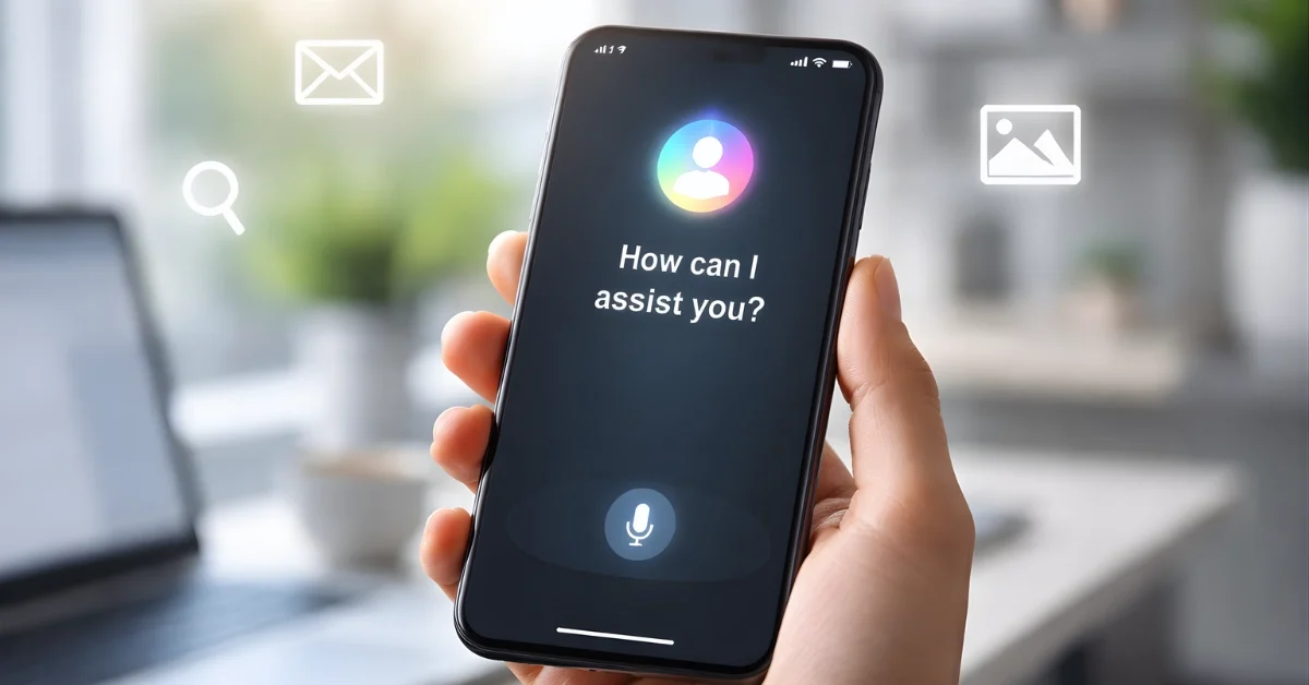 A person holding a smartphone displaying an AI assistant screen in a modern office, with subtle background icons suggesting email, photos, and search.