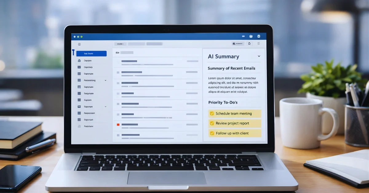 A laptop on a desk shows an email inbox interface with an AI summary panel and highlighted priority items in a clean, modern office setting.