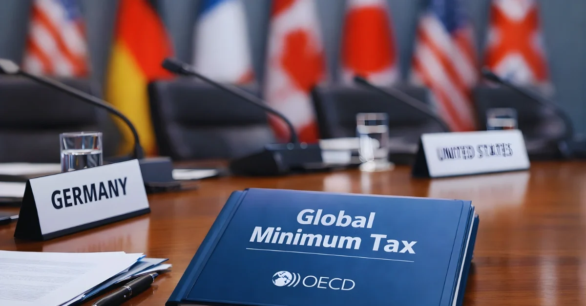 A conference room scene with international flags blurred in the background and a document folder labeled “Global Minimum Tax” on a table in the foreground.