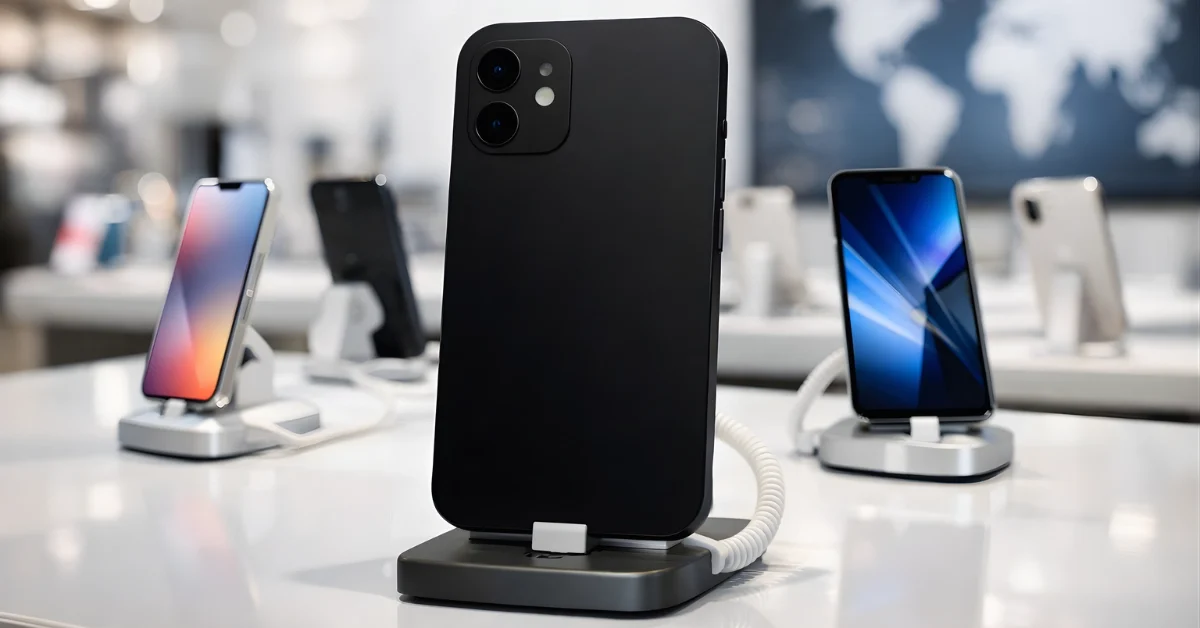 A wide, news-style photo of smartphones on display stands in a brightly lit retail setting, with one phone in sharp focus in the foreground.