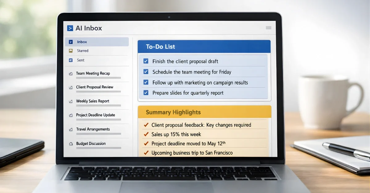 A laptop on a desk displaying an email inbox interface with highlighted action items and summarized updates in a news-style image.